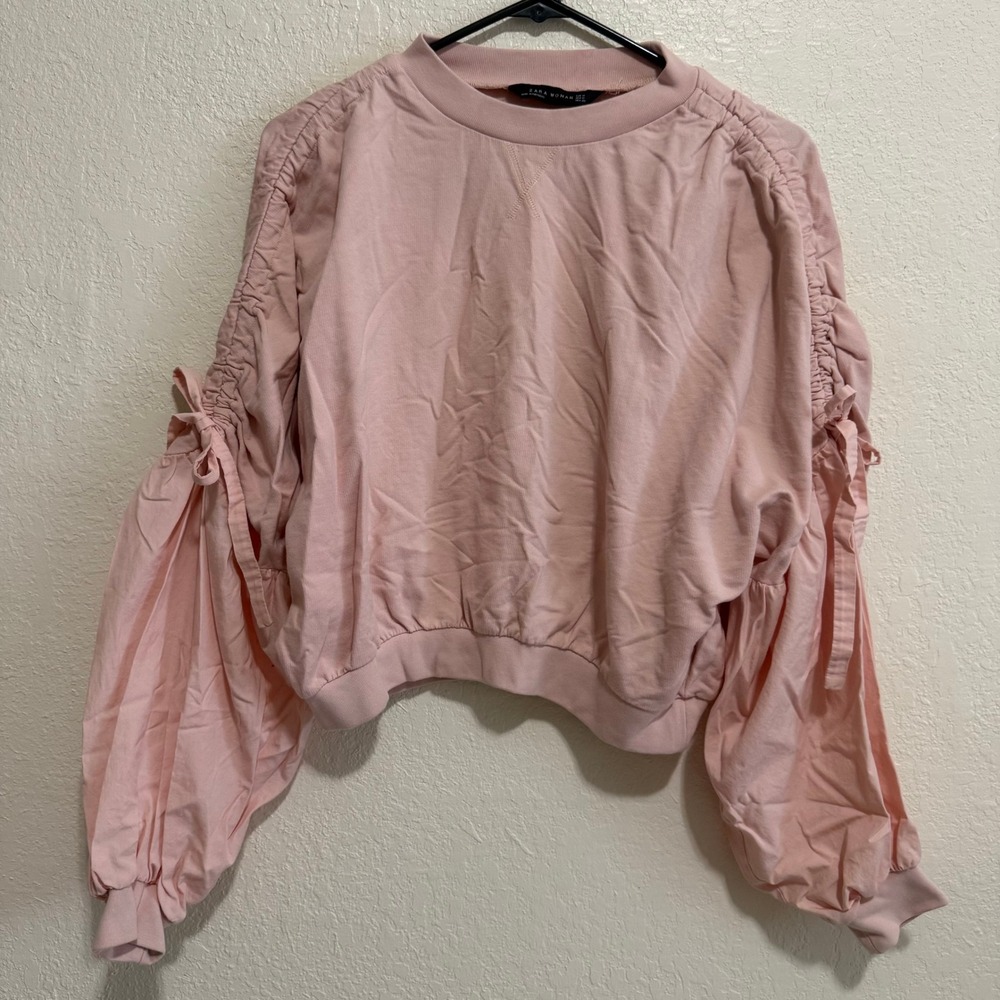 ZARA Pink Gathered Sleeve Sweatshirt Women Medium Crew Neck Casual Pullover - Picture 2 of 15